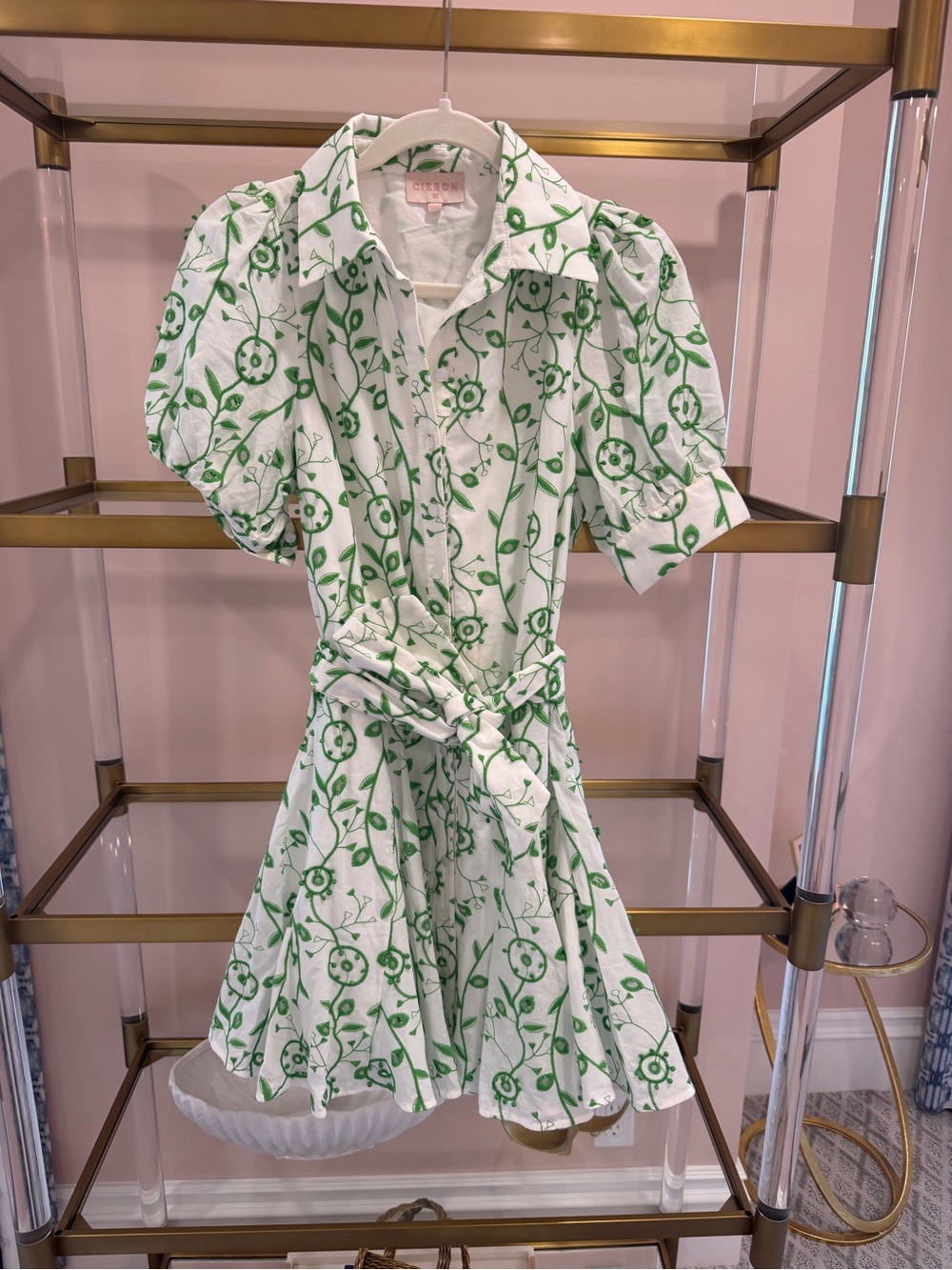 Green Floral Shirt Mini Dress with Tie Waist